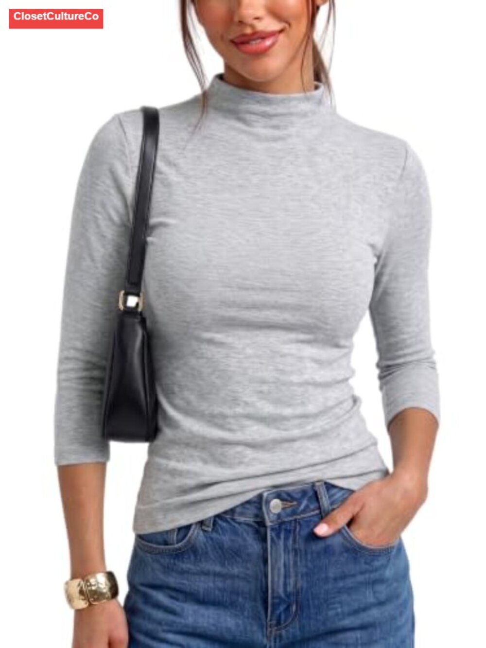 Women 3/4 Sleeve Mock Neck Slim Fit Layering Top Breathable Knit